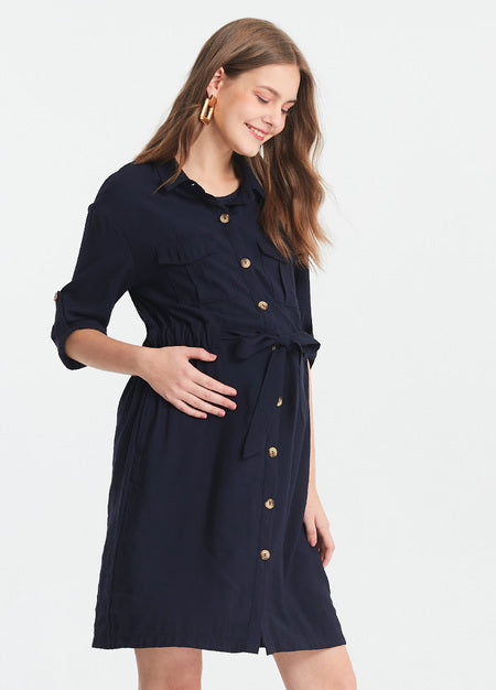 191084N Belted Long Maternity and Nursing Dress
